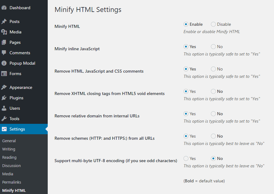 Minify HTML Settings