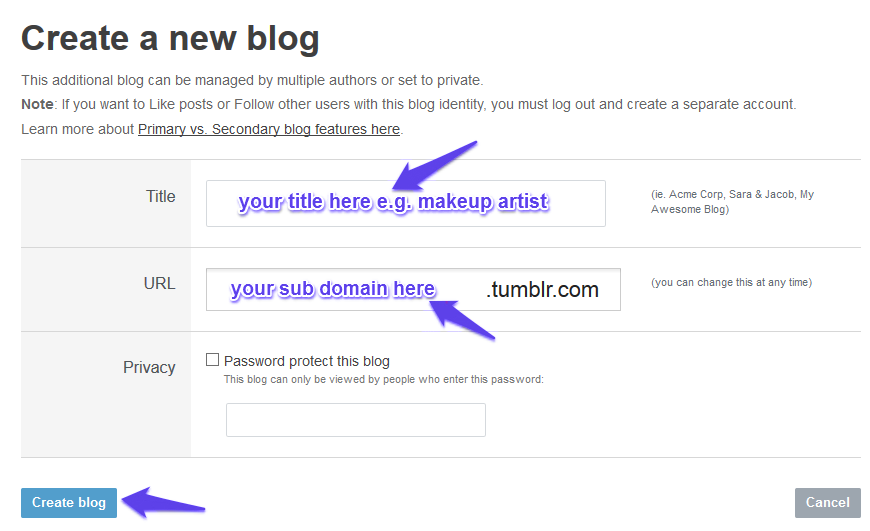 Creating a new blog in Tumblr