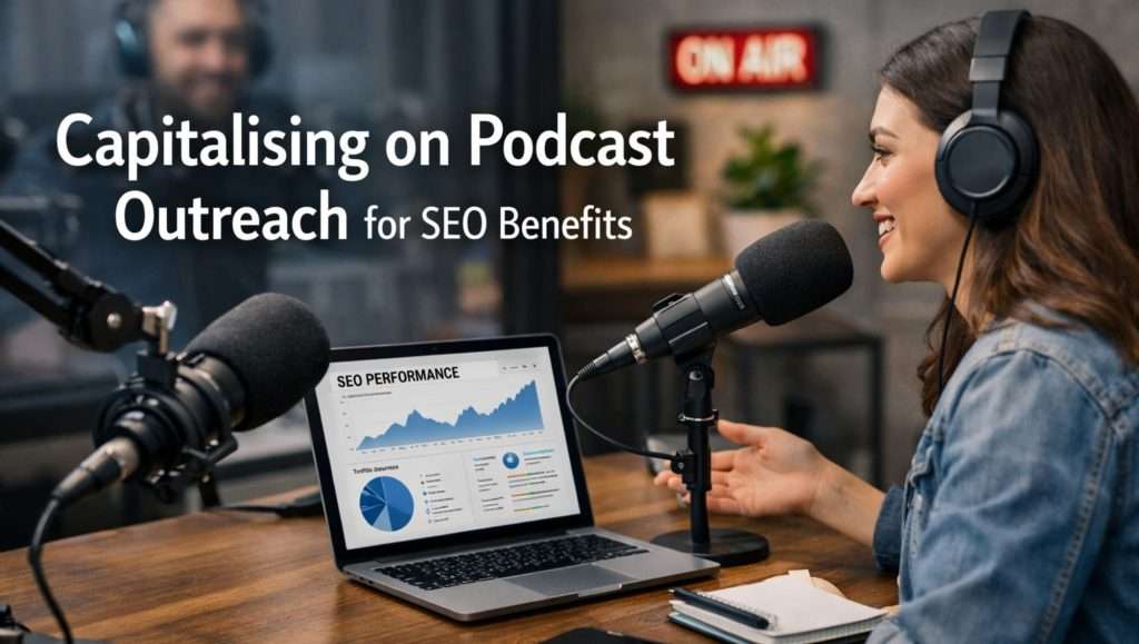 Person recording a podcast for SEO outreach