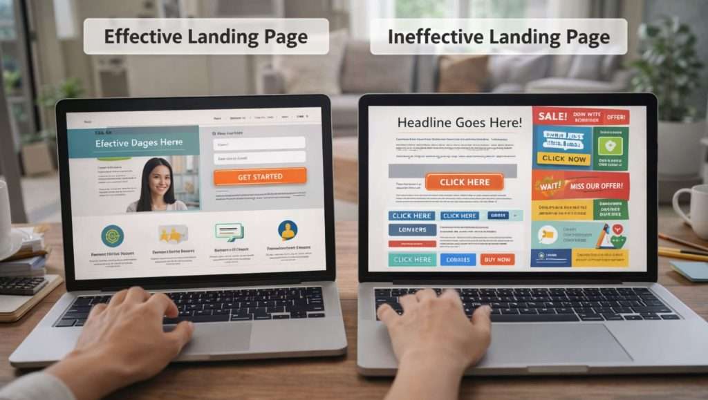 Examples of effective and ineffective landing page designs