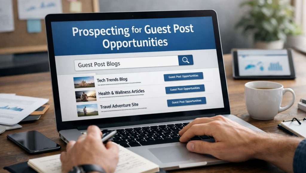 Researching guest post opportunities on a laptop