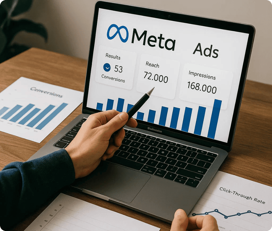 Meta Ads performance dashboard showing reach, impressions and conversions on a laptop